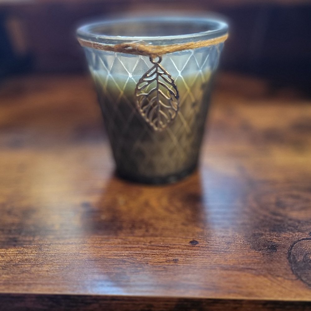 Flickering Fireside Green Glass Leaf Candle